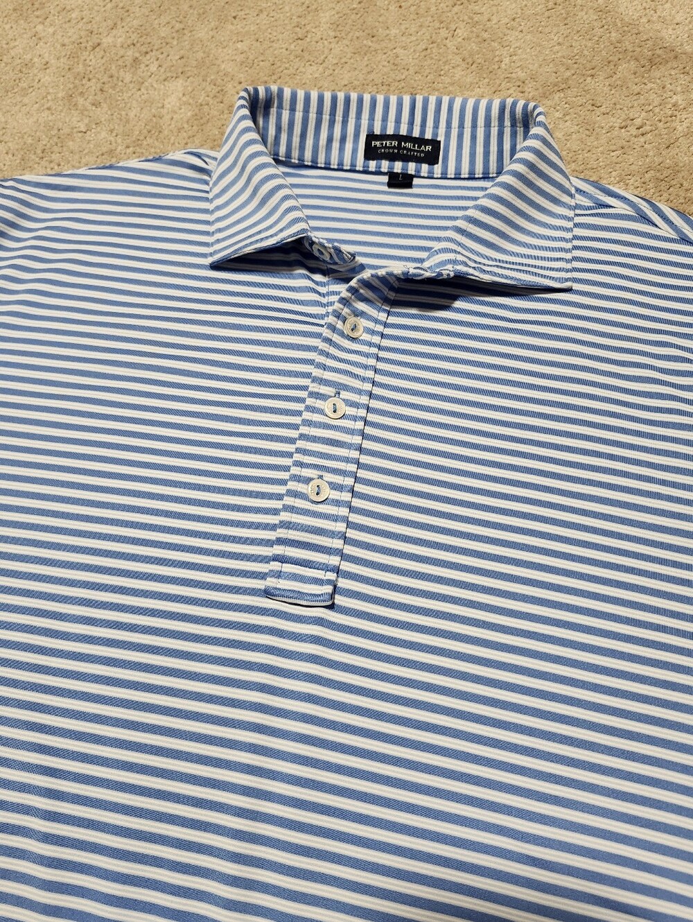 Peter Millar Crown Crafted Mens Large Blue Striped Short Sleeve Golf Polo Shirt